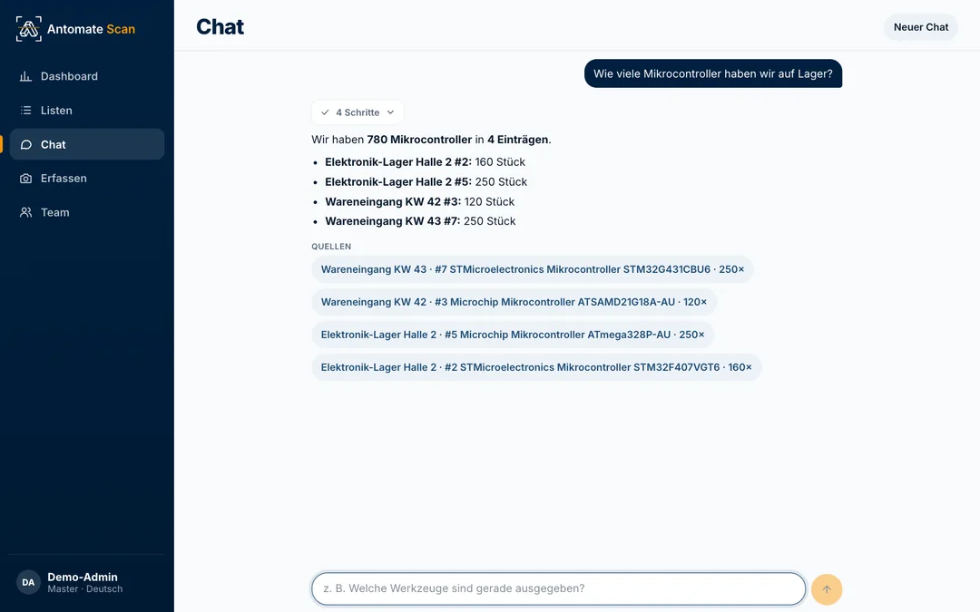 KI-Assistent beantwortet eine Frage zum Lager mit Quellen