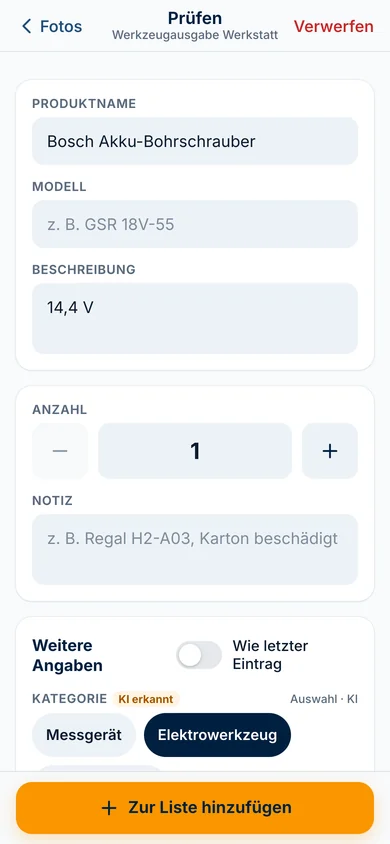 Von der KI ausgefülltes Formular: Bosch Akku-Bohrschrauber, Modell PSR 14,4, Kategorie Elektrowerkzeug