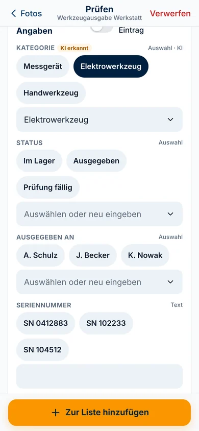 Zusatzspalte Kategorie, von der KI als Elektrowerkzeug erkannt