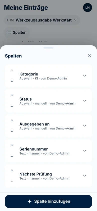Spaltenverwaltung mit Auswahl-, Text- und Label-Spalten